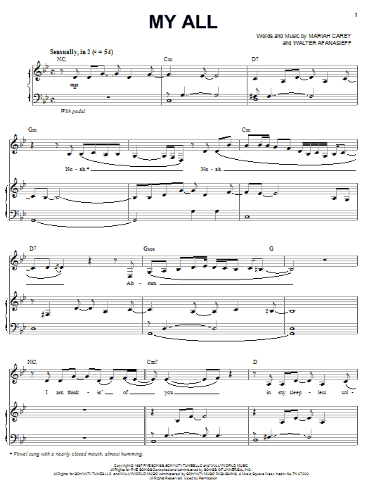 Mariah Carey My All sheet music notes and chords arranged for Piano, Vocal & Guitar Chords (Right-Hand Melody)