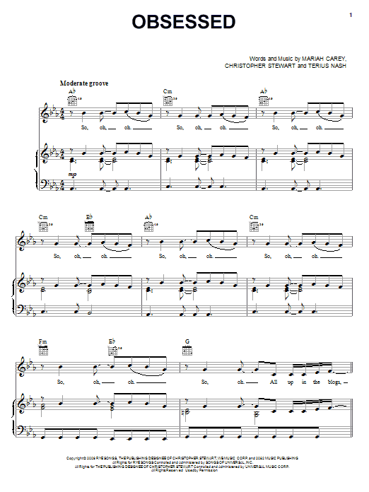 Mariah Carey Obsessed sheet music notes and chords arranged for Piano, Vocal & Guitar Chords (Right-Hand Melody)