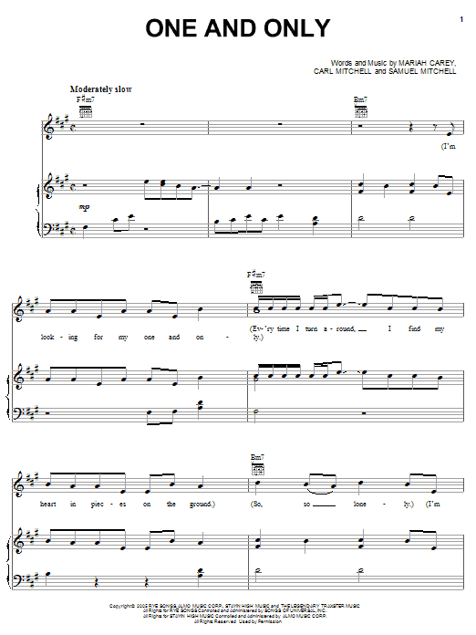 Mariah Carey One And Only sheet music notes and chords arranged for Piano, Vocal & Guitar Chords (Right-Hand Melody)