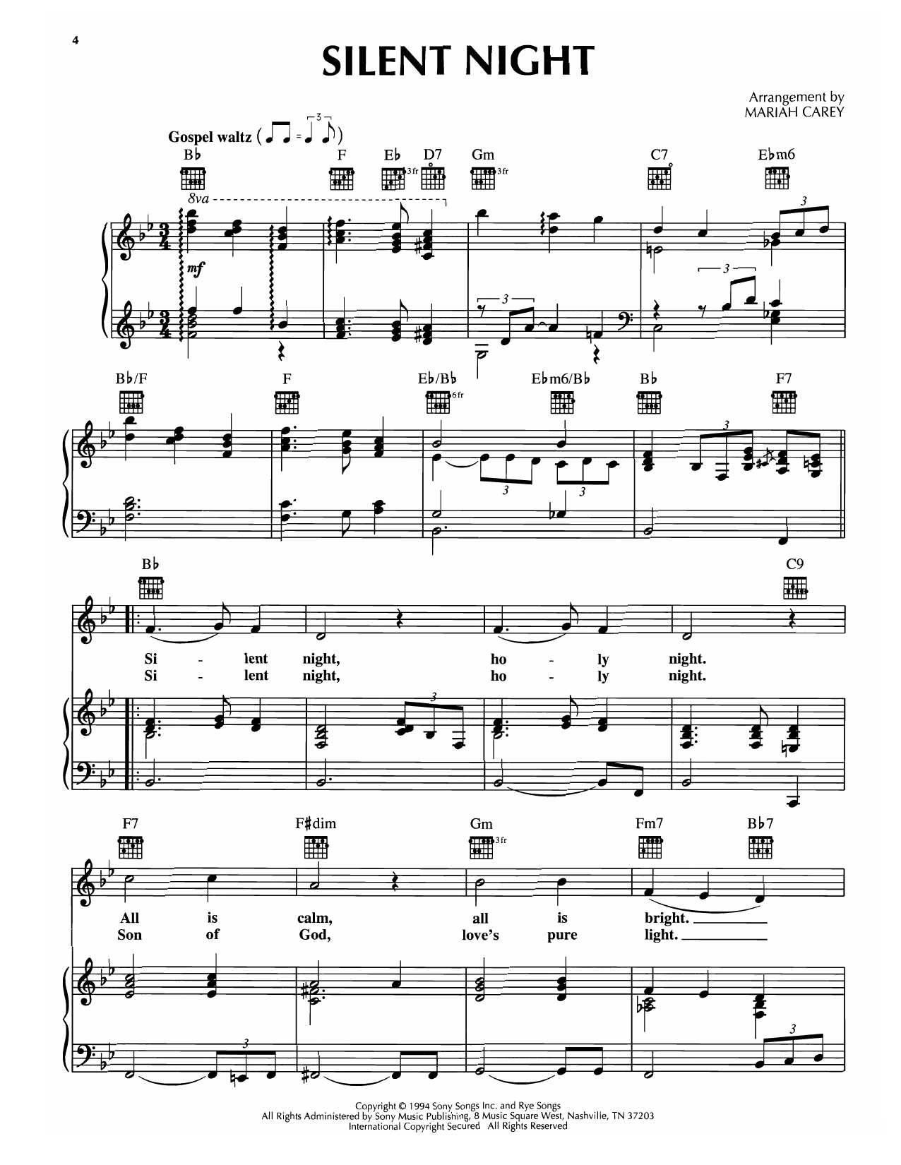 Mariah Carey Silent Night sheet music notes and chords arranged for Piano, Vocal & Guitar Chords (Right-Hand Melody)