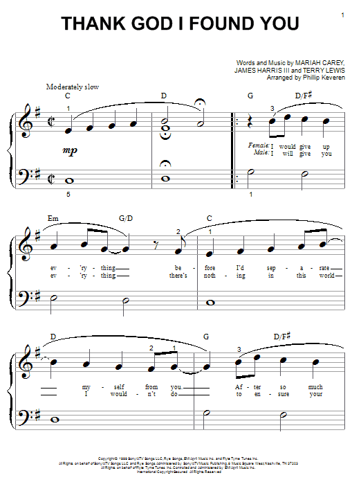 Mariah Carey Thank God I Found You (feat. Joe & 98 Degrees) sheet music notes and chords arranged for Big Note Piano