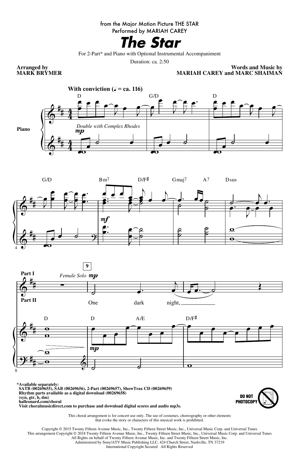 Mariah Carey The Star (arr. Mark Brymer) sheet music notes and chords arranged for 2-Part Choir