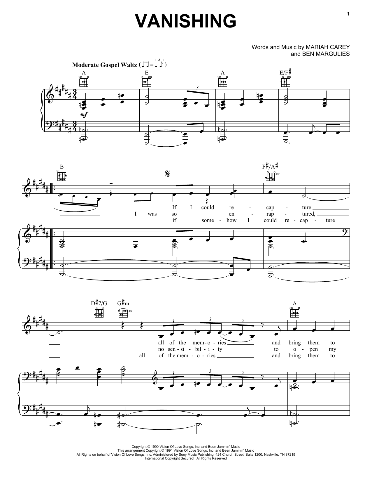 Mariah Carey Vanishing sheet music notes and chords arranged for Piano, Vocal & Guitar Chords (Right-Hand Melody)