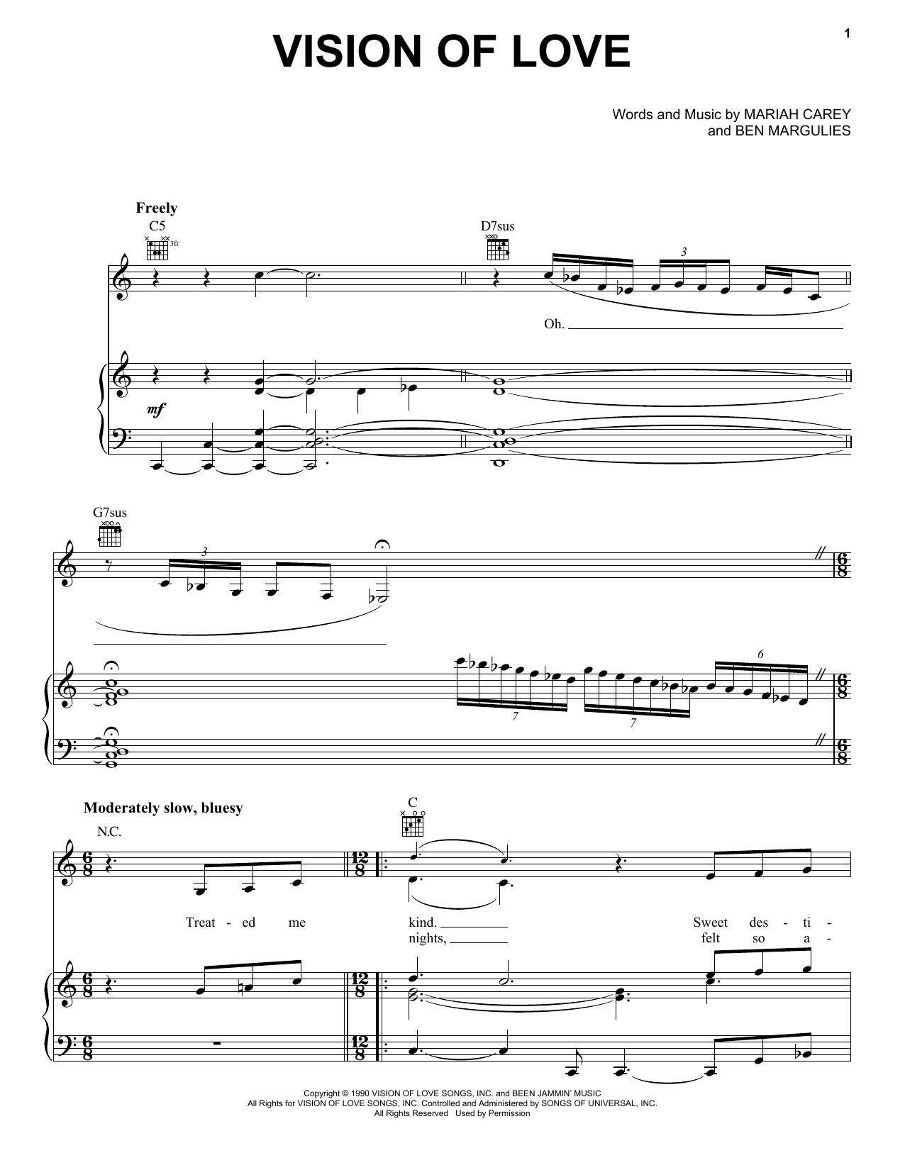 Mariah Carey Vision Of Love sheet music notes and chords arranged for Piano, Vocal & Guitar Chords (Right-Hand Melody)