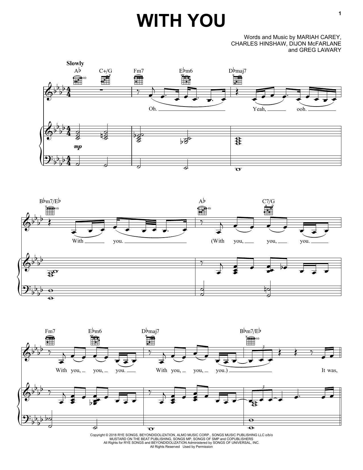 Mariah Carey With You sheet music notes and chords arranged for Piano, Vocal & Guitar Chords (Right-Hand Melody)