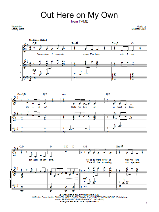 Mariann Cook Out Here On My Own sheet music notes and chords arranged for Piano, Vocal & Guitar Chords (Right-Hand Melody)