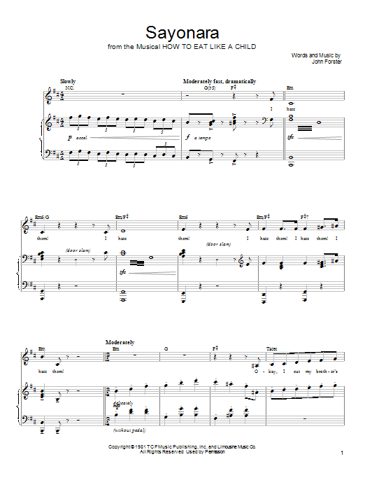 Mariann Cook Sayonara sheet music notes and chords arranged for Piano, Vocal & Guitar Chords (Right-Hand Melody)
