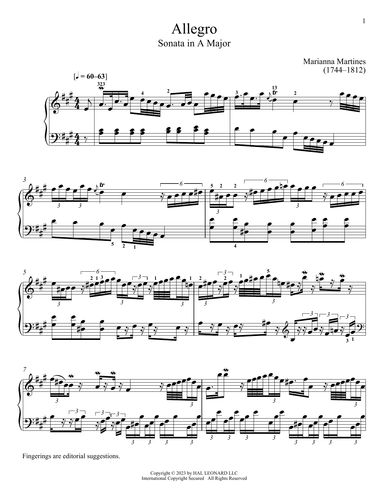 Marianna Martines Allegro sheet music notes and chords arranged for Piano Solo