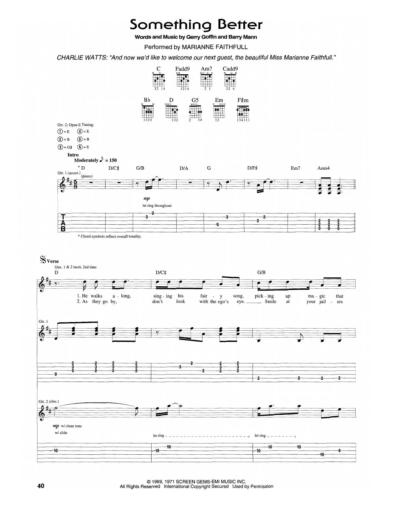 Marianne Faithfull Something Better sheet music notes and chords arranged for Guitar Tab
