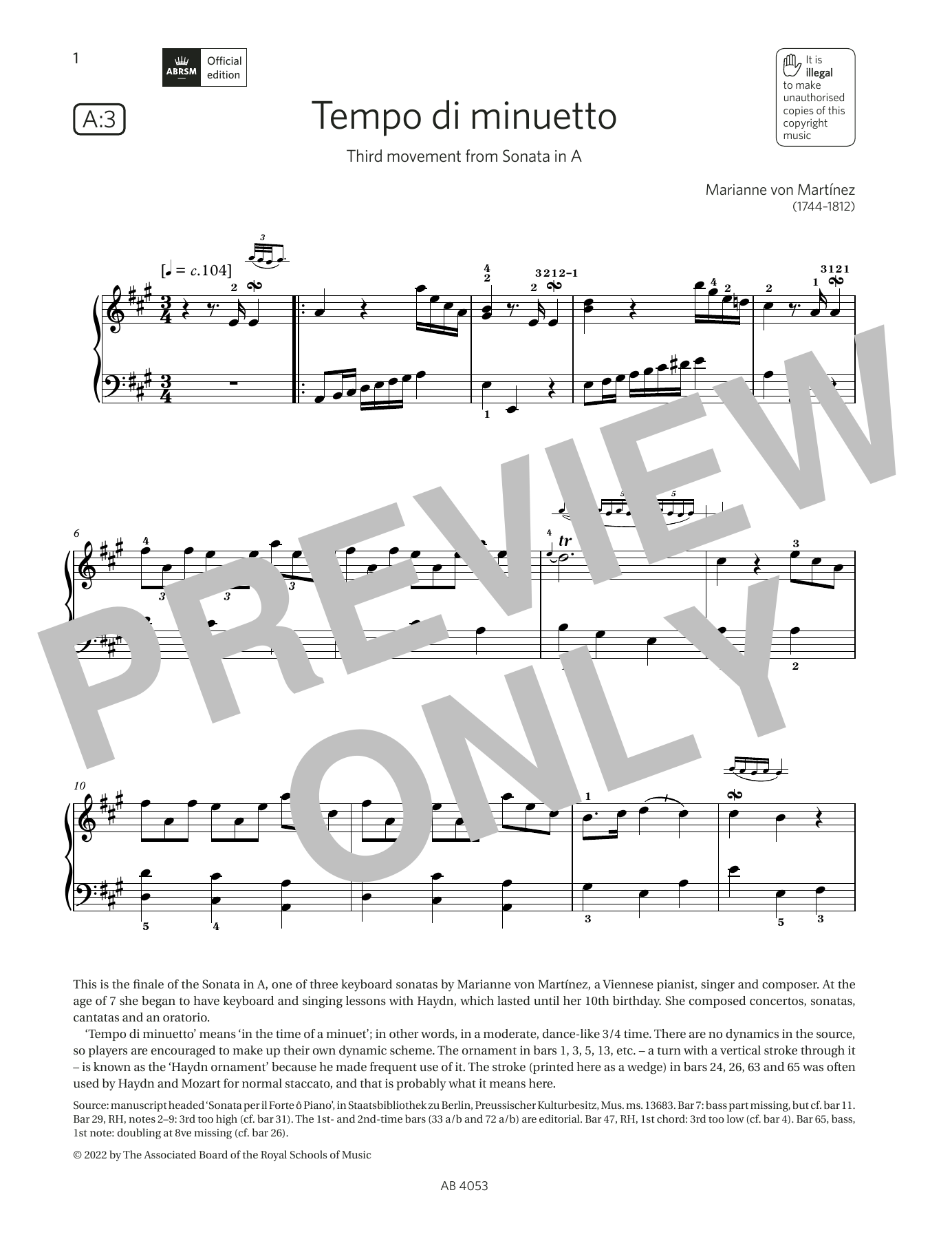 Marianne von Martínez Tempo di minuetto (Grade 7, list A3, from the ABRSM Piano Syllabus 2023 & 2024) sheet music notes and chords arranged for Piano Solo