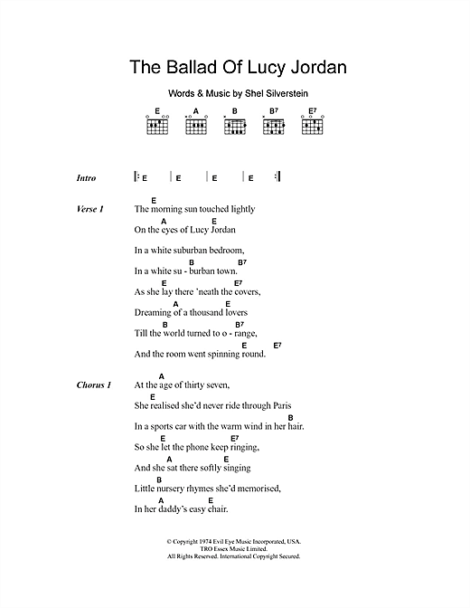 Marianne Faithfull The Ballad Of Lucy Jordan sheet music notes and chords arranged for Guitar Chords/Lyrics