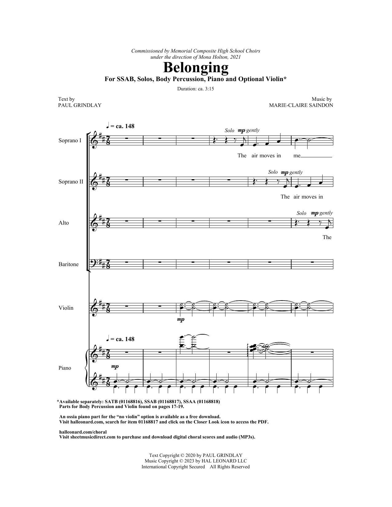Marie-Clairé Saindon Belonging sheet music notes and chords arranged for SATB Choir