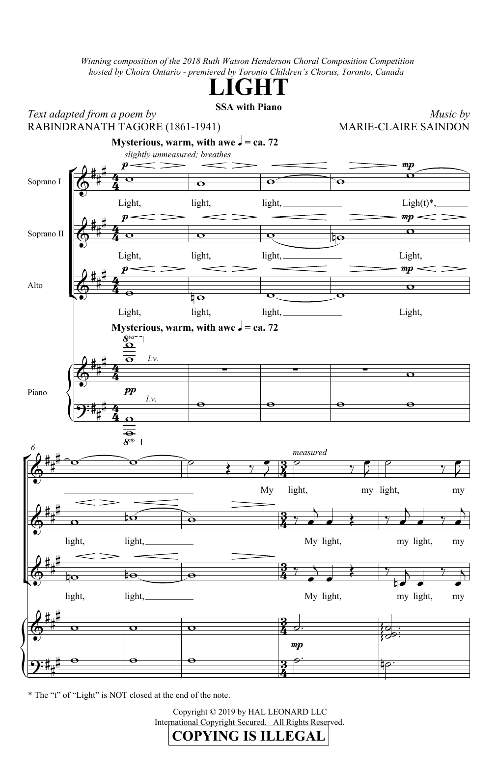 Marie-Claire Saindon Light sheet music notes and chords arranged for SSA Choir