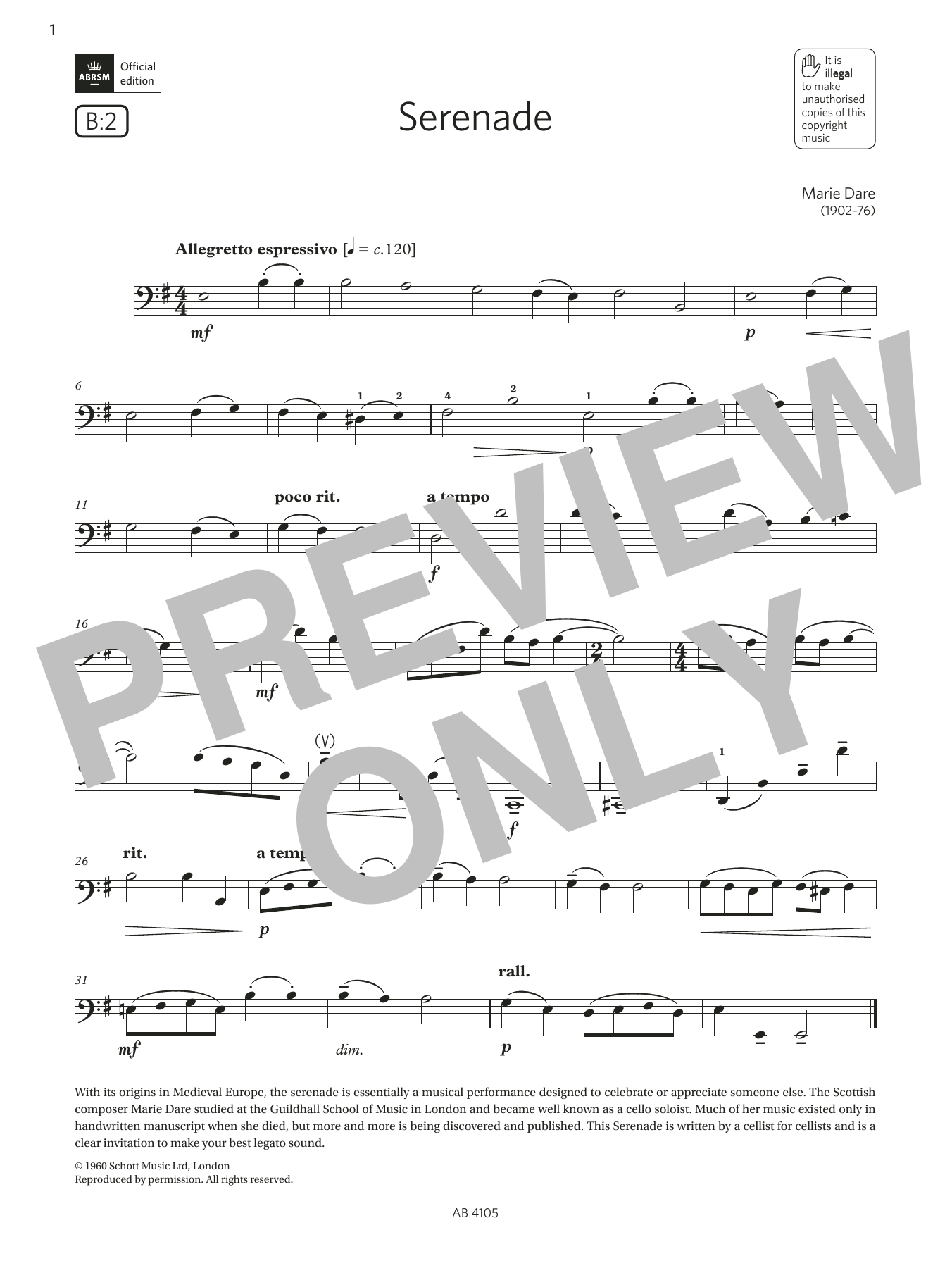 Marie Dare Serenade (Grade 2, B2, from the ABRSM Cello Syllabus from 2024) sheet music notes and chords arranged for Cello Solo