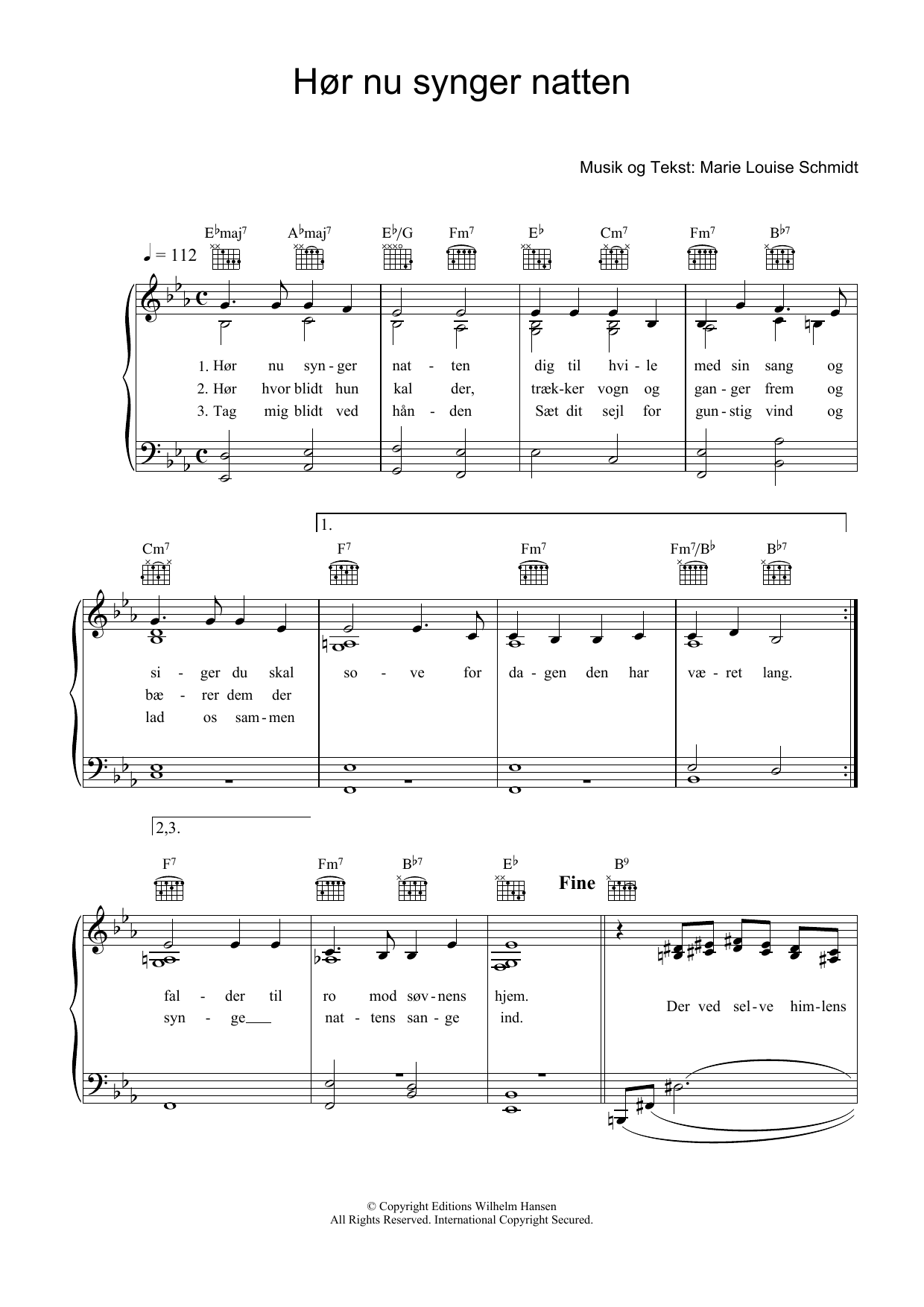 Marie Louise Schmidt Hor Nu Synger Natten sheet music notes and chords arranged for Piano, Vocal & Guitar Chords