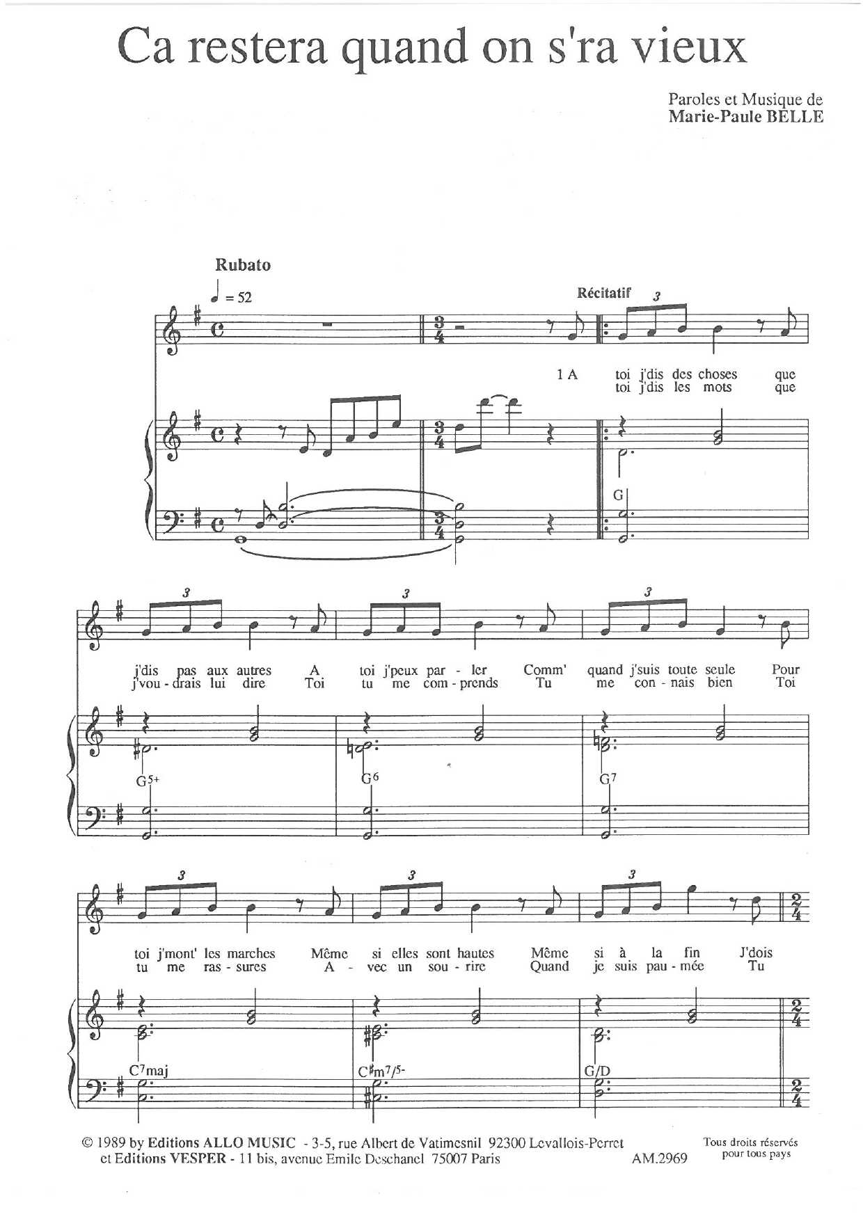 Marie Paule Belle Ca Restera Quand On S'ra Vieux sheet music notes and chords arranged for Piano & Vocal