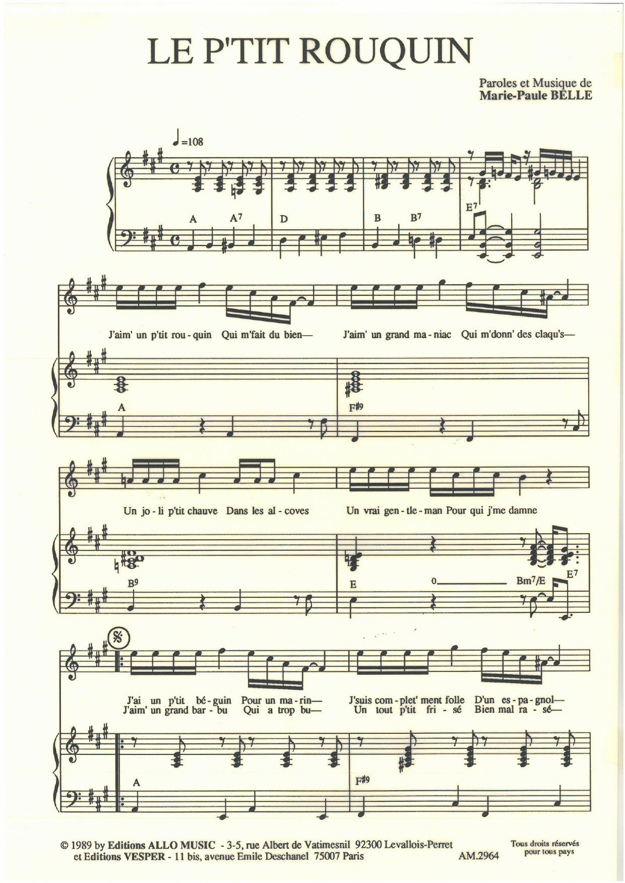 Marie Paule Belle Le P'tit Rouquin sheet music notes and chords arranged for Piano & Vocal