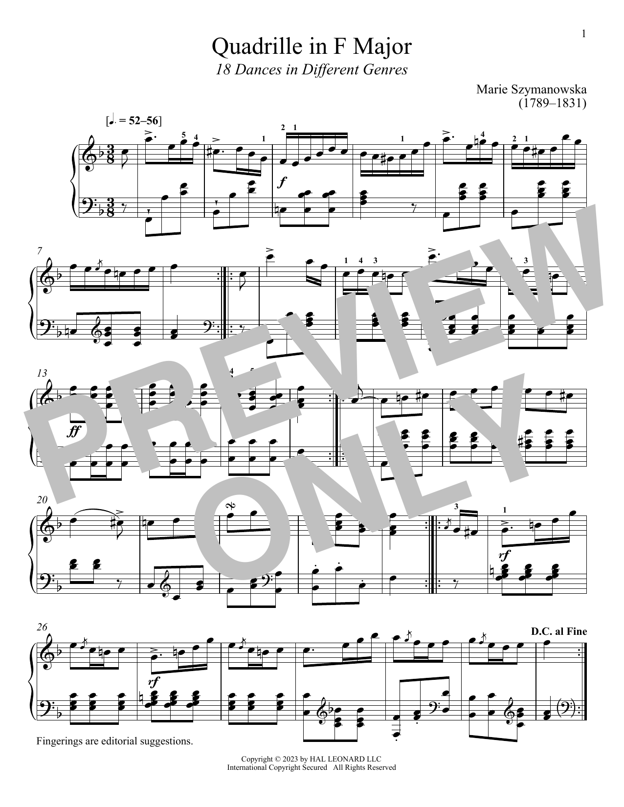Marie Szymanowska Quadrille  in F Major sheet music notes and chords arranged for Piano Solo