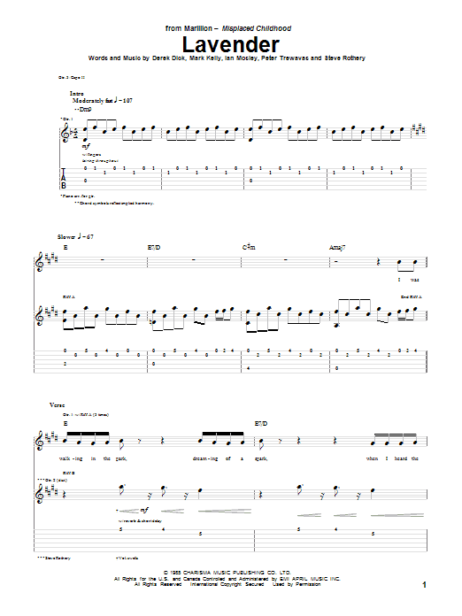 Marillion Lavender sheet music notes and chords arranged for Guitar Tab