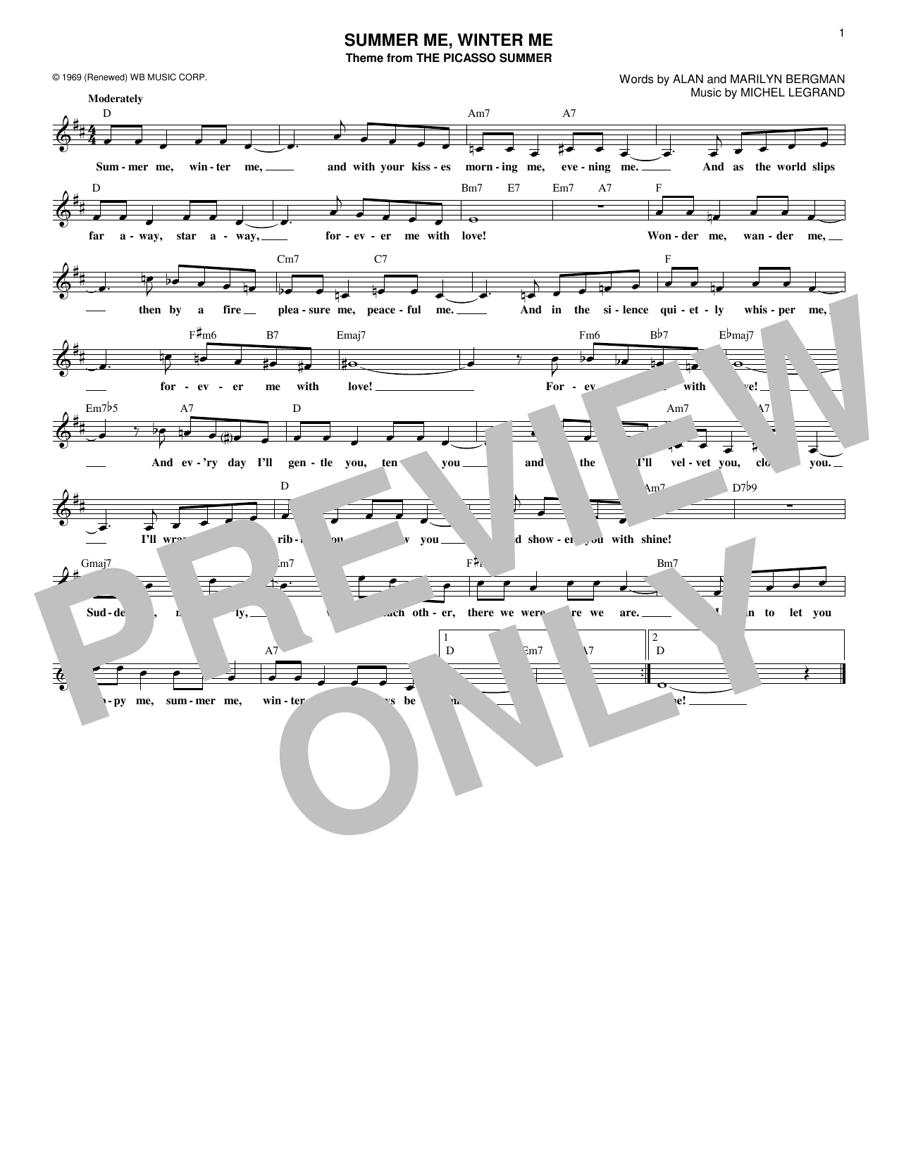 Marilyn Bergman Summer Me, Winter Me sheet music notes and chords arranged for Lead Sheet / Fake Book