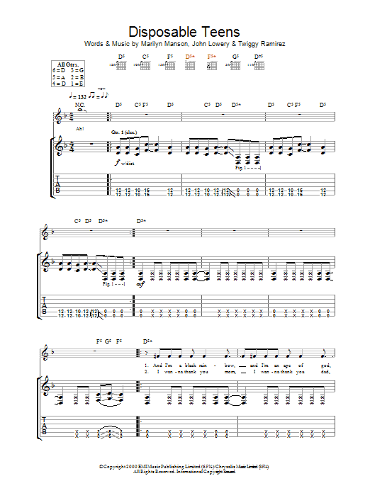 Marilyn Manson Disposable Teens sheet music notes and chords arranged for Guitar Tab