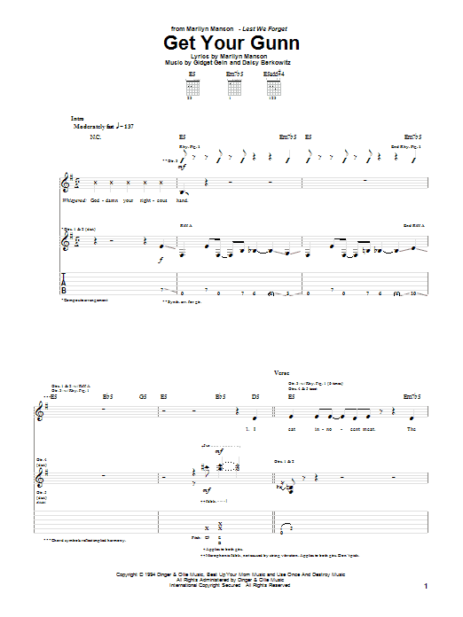 Marilyn Manson Get Your Gunn sheet music notes and chords arranged for Guitar Tab