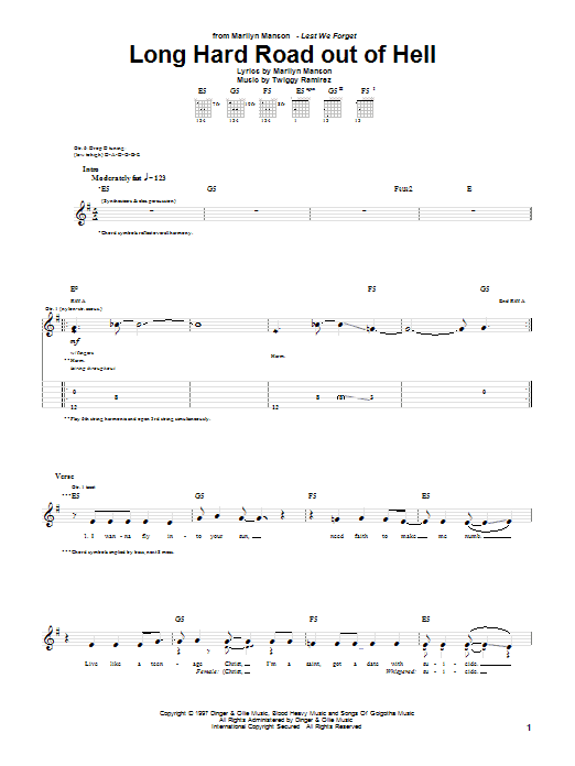 Marilyn Manson Long Hard Road Out Of Hell sheet music notes and chords arranged for Guitar Tab