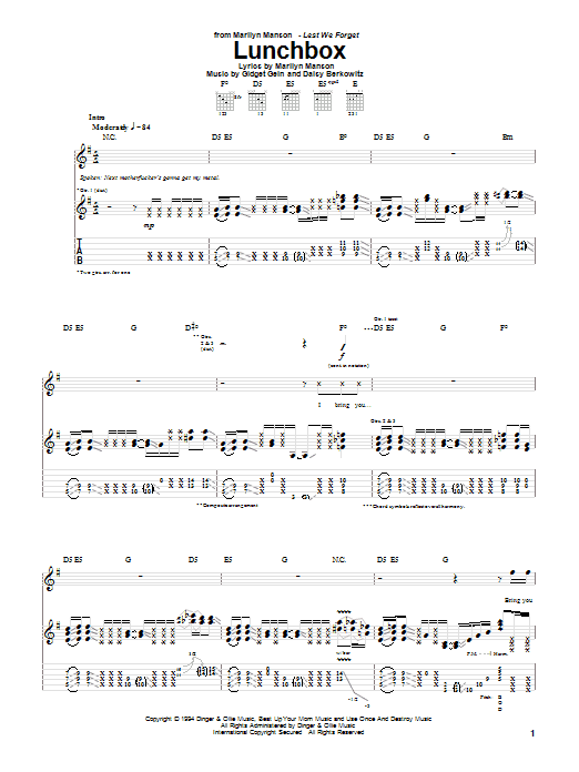Marilyn Manson Lunchbox sheet music notes and chords arranged for Guitar Tab