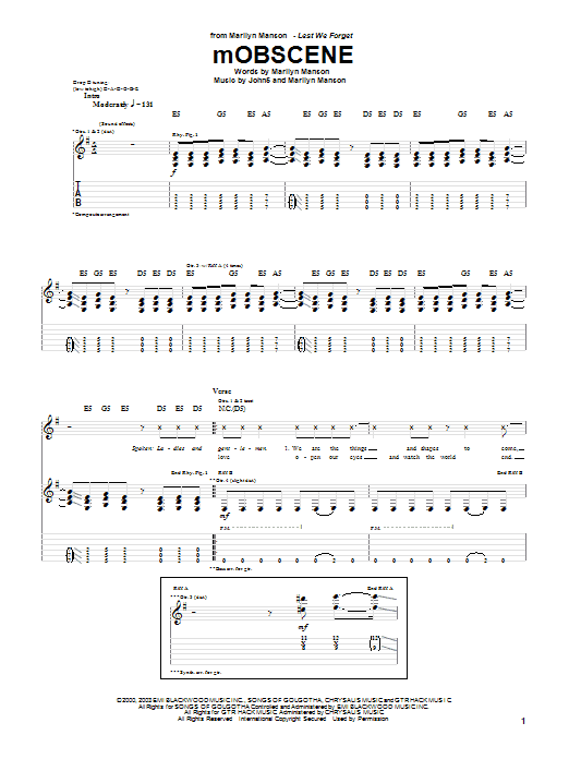 Marilyn Manson mOBSCENE sheet music notes and chords arranged for Guitar Chords/Lyrics