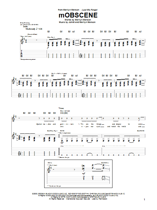 Marilyn Manson mOBSCENE sheet music notes and chords arranged for Guitar Tab