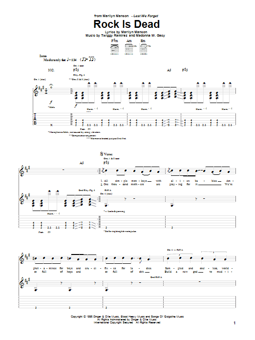 Marilyn Manson Rock Is Dead sheet music notes and chords arranged for Guitar Tab