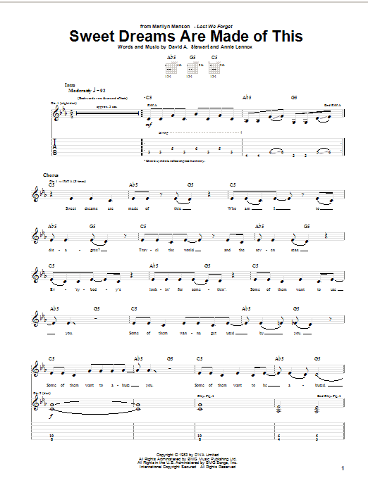 Marilyn Manson Sweet Dreams (Are Made Of This) sheet music notes and chords arranged for Guitar Tab