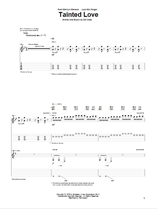 Marilyn Manson Tainted Love sheet music notes and chords arranged for Guitar Chords/Lyrics