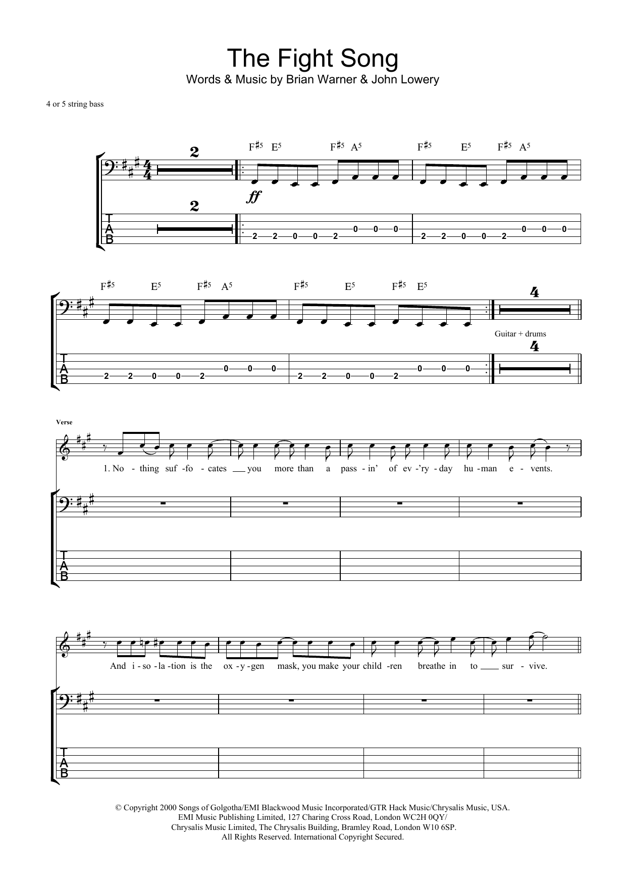 Marilyn Manson The Fight Song sheet music notes and chords arranged for Guitar Chords/Lyrics