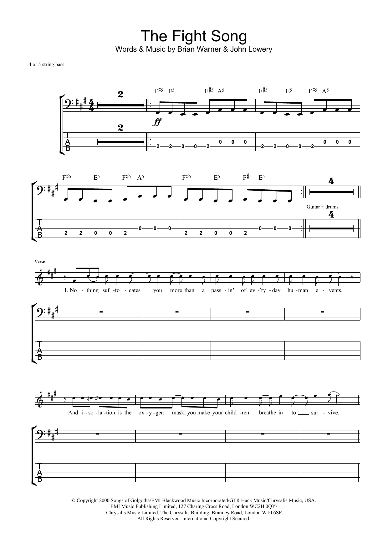 Marilyn Manson The Fight Song sheet music notes and chords arranged for Bass Guitar Tab