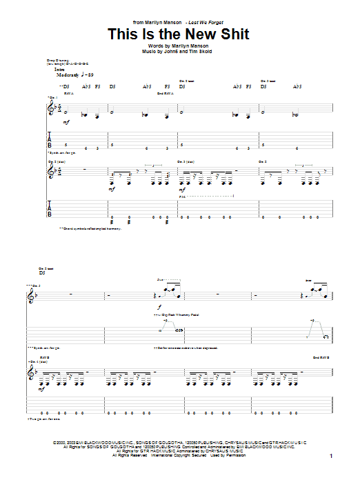 Marilyn Manson This Is The New Shit sheet music notes and chords arranged for Guitar Tab