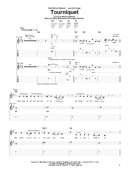 Marilyn Manson Tourniquet sheet music notes and chords arranged for Guitar Tab