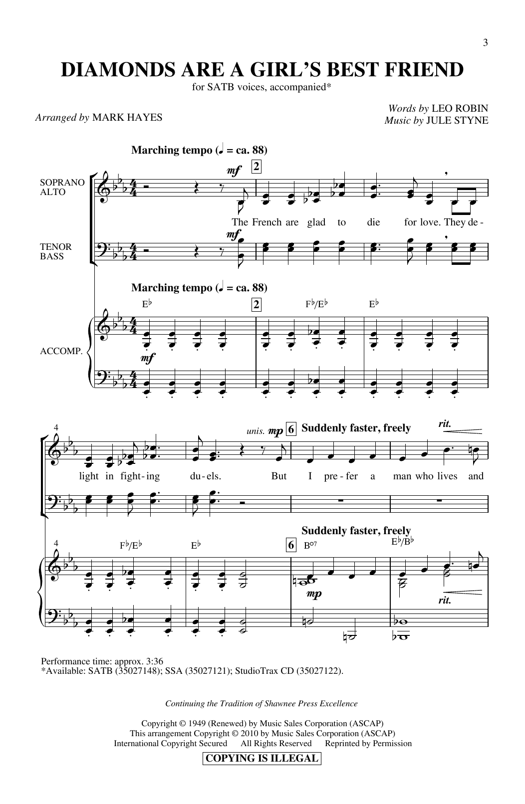 Marilyn Monroe Diamonds Are A Girl's Best Friend (arr. Mark Hayes) sheet music notes and chords arranged for SSA Choir