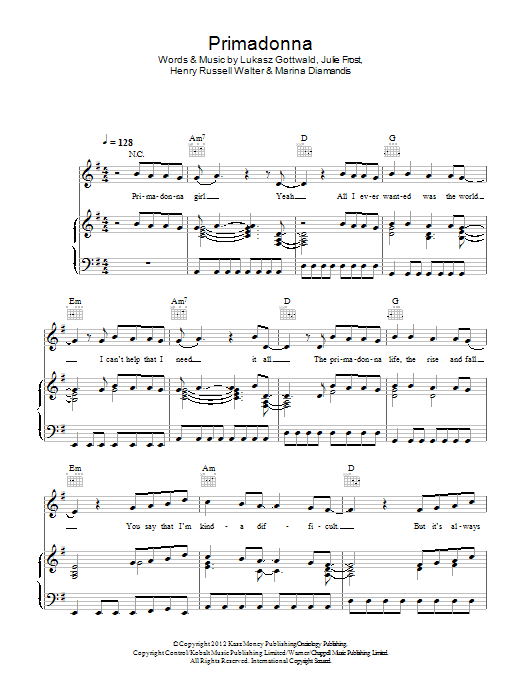 Marina & The Diamonds Primadonna sheet music notes and chords arranged for Piano, Vocal & Guitar Chords