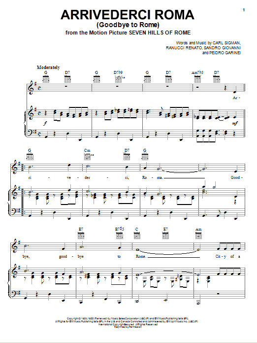 Mario Lanza Arrivederci Roma (Goodbye To Rome) sheet music notes and chords arranged for Piano, Vocal & Guitar Chords (Right-Hand Melody)