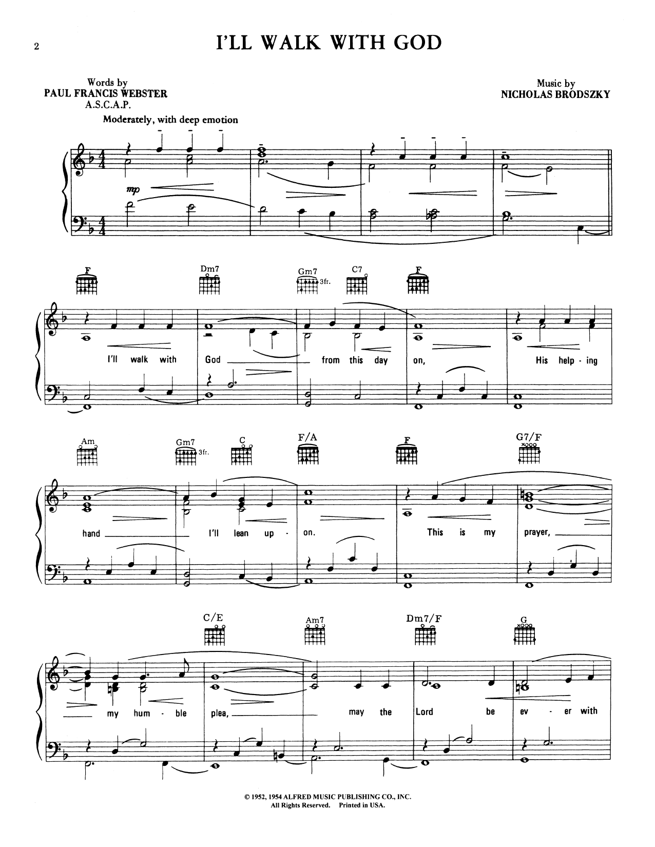 Mario Lanza I'll Walk With God (from The Student Prince) sheet music notes and chords arranged for Piano, Vocal & Guitar Chords (Right-Hand Melody)