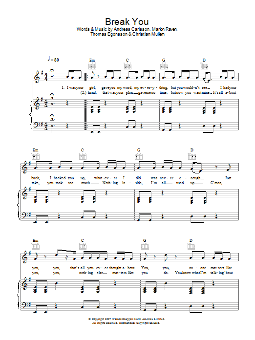 Marion Raven Break You sheet music notes and chords arranged for Piano, Vocal & Guitar Chords