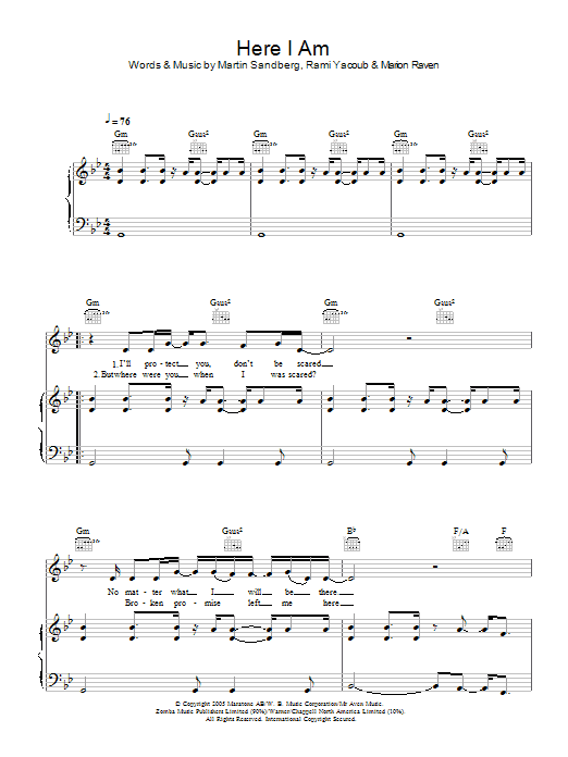 Marion Raven Here I Am sheet music notes and chords arranged for Piano, Vocal & Guitar Chords
