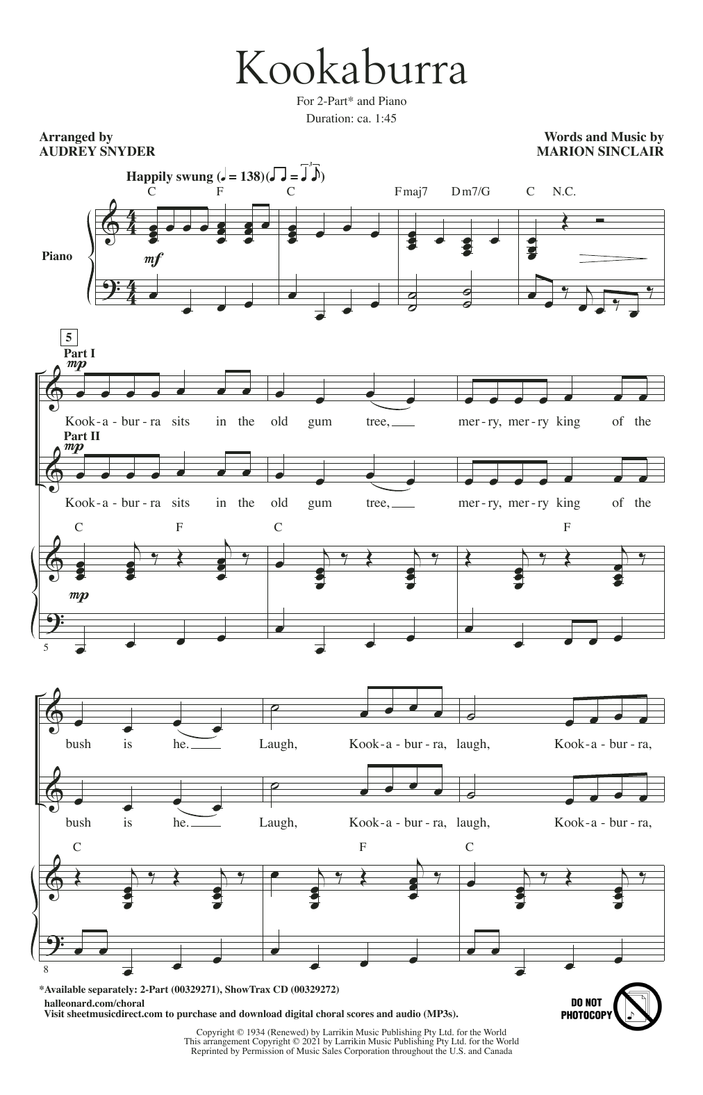 Marion Sinclair Kookaburra (Kookaburra Sits In The Old Gum Tree) (arr. Audrey Snyder) sheet music notes and chords arranged for 2-Part Choir