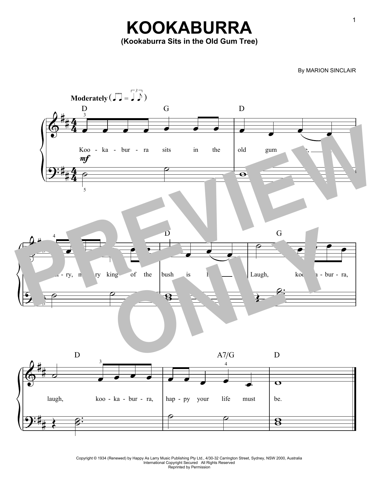 Marion Sinclair Kookaburra (Kookaburra Sits In The Old Gum Tree) sheet music notes and chords arranged for Easy Piano