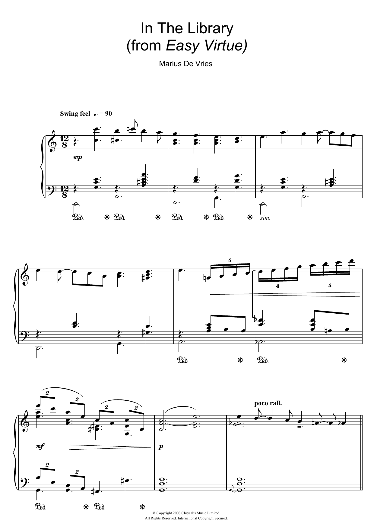 Marius De Vries In The Library (from Easy Virtue) sheet music notes and chords arranged for Piano Solo