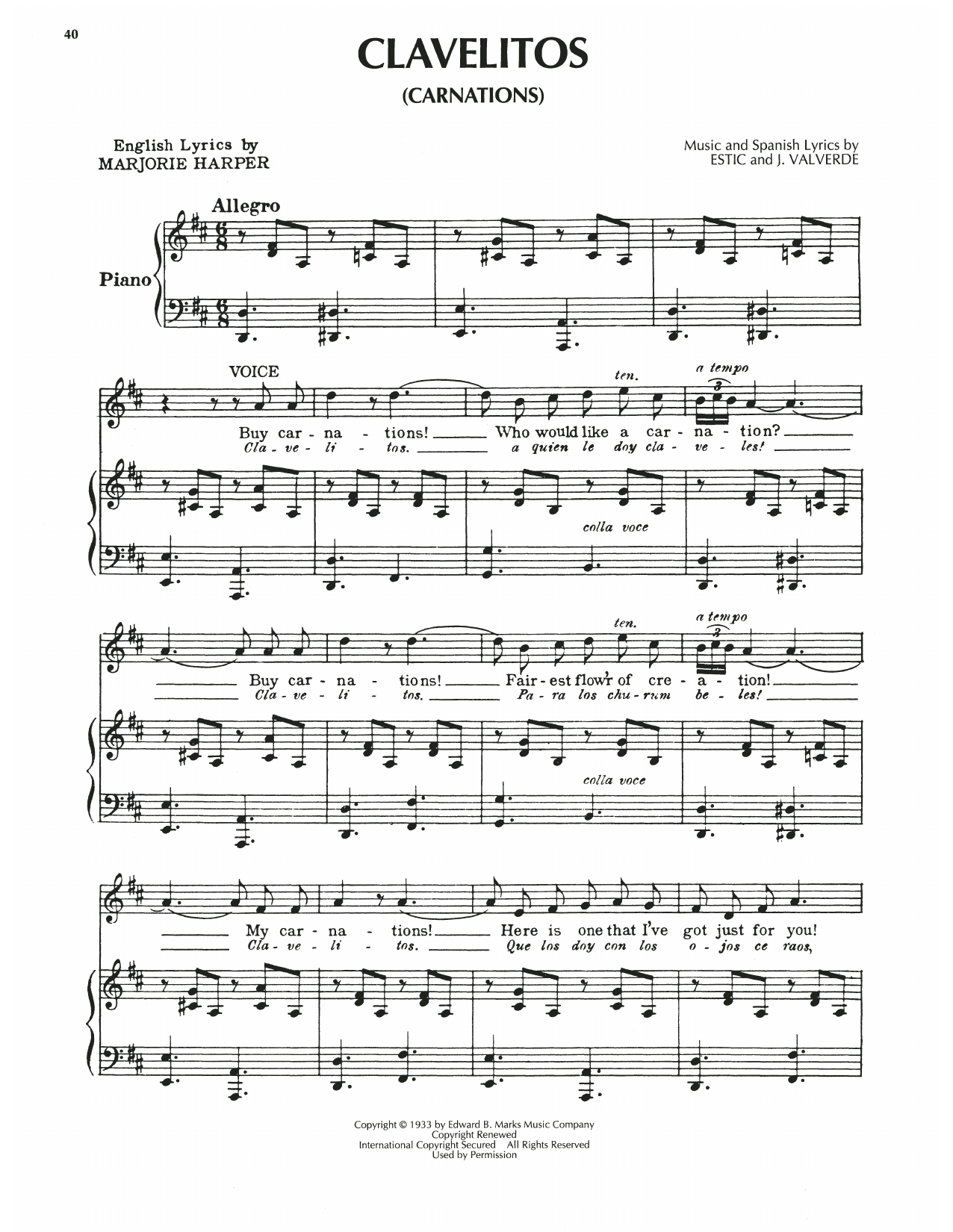 Marjorie Harper Clavelitos sheet music notes and chords arranged for Piano, Vocal & Guitar Chords (Right-Hand Melody)