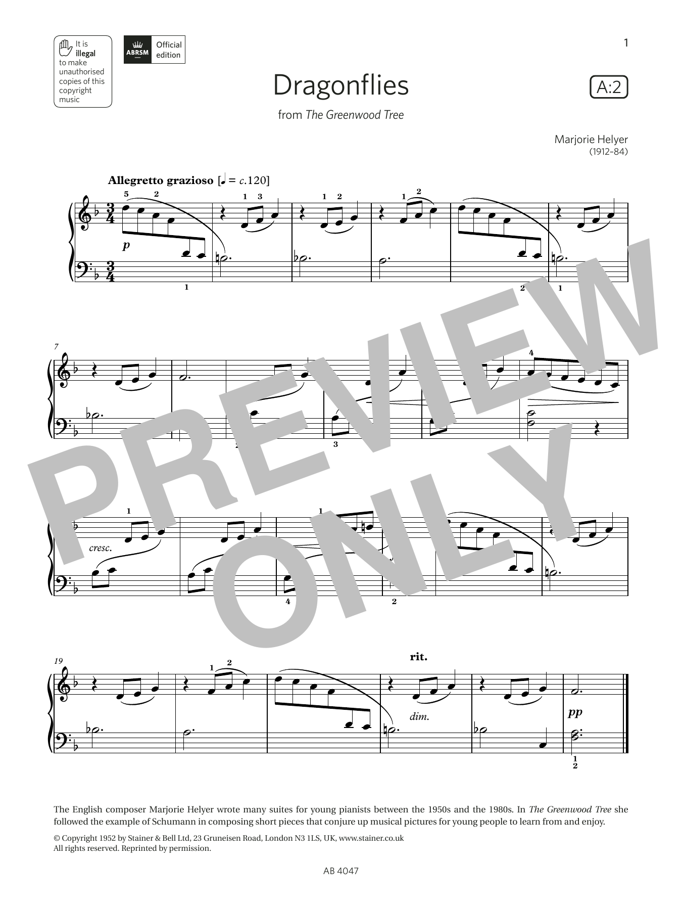 Marjorie Helyer Dragonflies (Grade 1, list A2, from the ABRSM Piano Syllabus 2023 & 2024) sheet music notes and chords arranged for Piano Solo