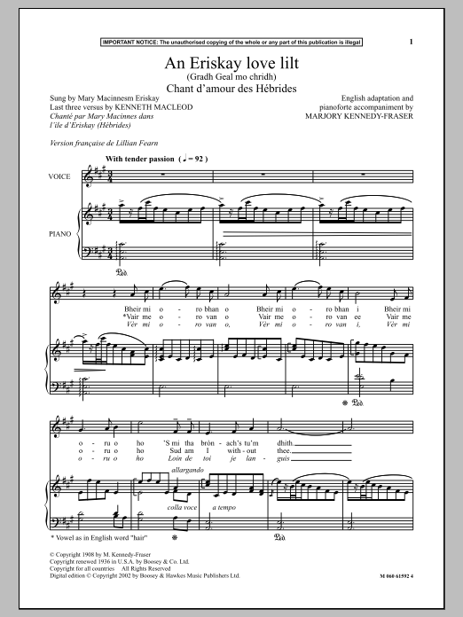 Marjory Kennedy-Fraser An Eriskay Love Lilt (Gradh Geal Mo Chridh) - Chant D Amour Des Hebrides sheet music notes and chords arranged for Piano & Vocal