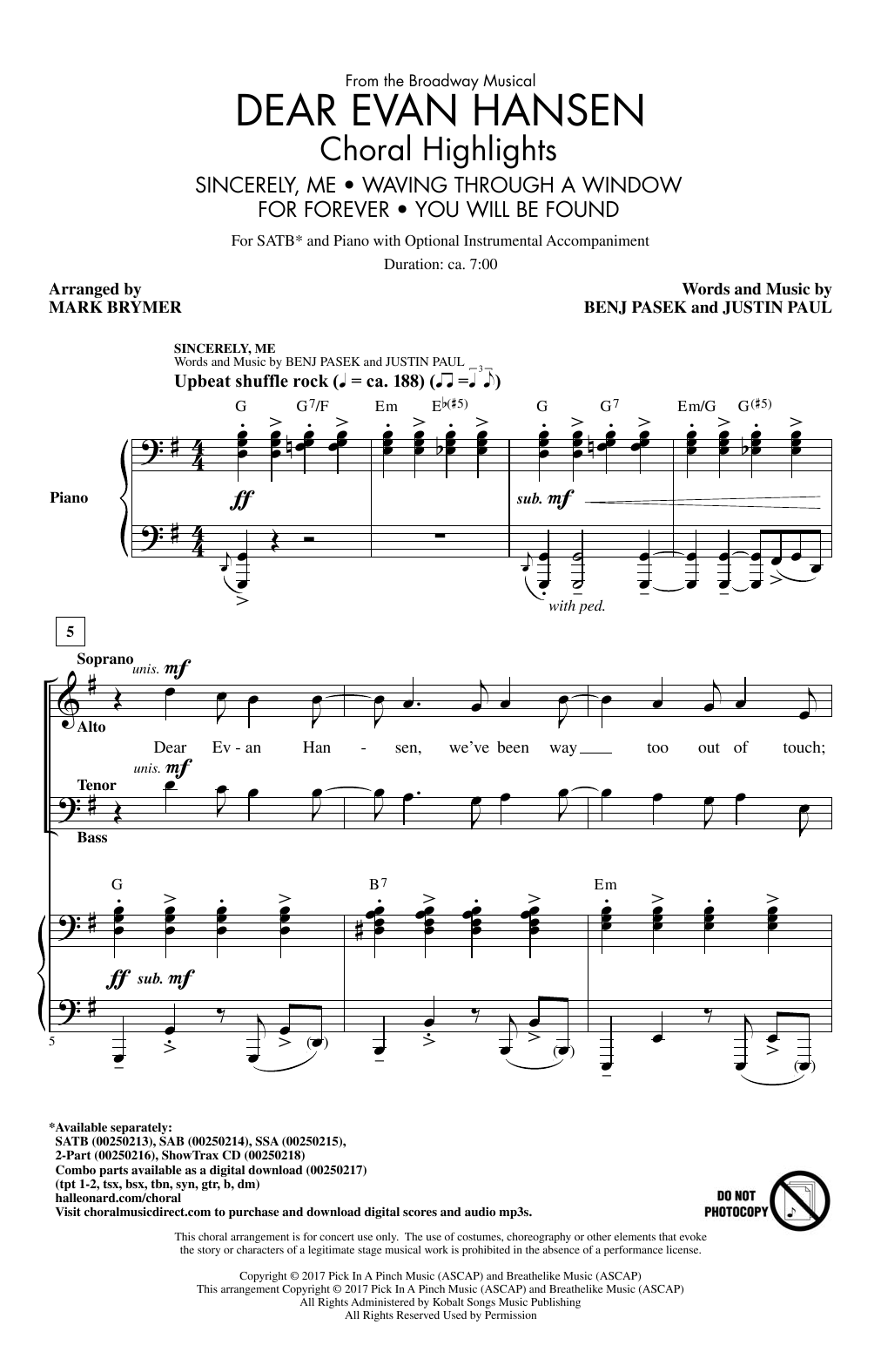 Mark Brymer Dear Evan Hansen (Choral Highlights) sheet music notes and chords arranged for SATB Choir